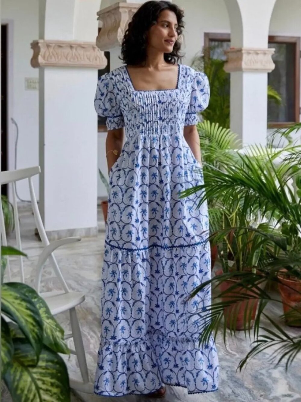 Pink City Prints Blue White Ocean Swirl Printed Evelyn Maxi Dress